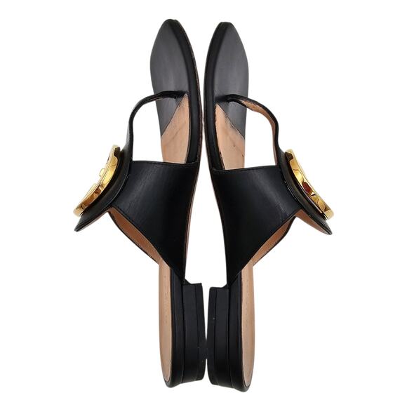 Gucci GG Logo Blondie Thong Sandal Flat Slide Black Leather Gold Size 36 US 6 - Picture 6 of 10